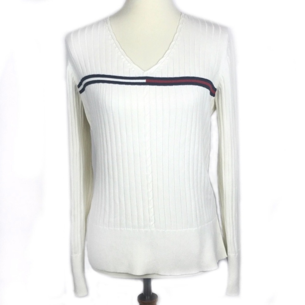 VINTAGE Tommy Hilfiger Logo V-Neck Ribbed Sweater